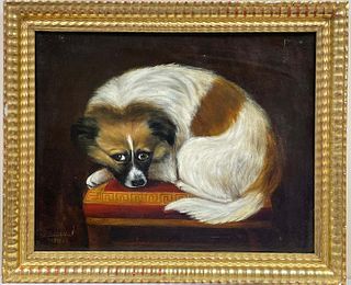 DOG RESTING ON CUSHION OIL PAINTING