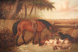 SPORTING COMPANIONS IN COUNTRY LANDSCAPE OIL PAINTING