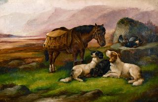HIGHLAND PONY & DOGS OIL PAINTING