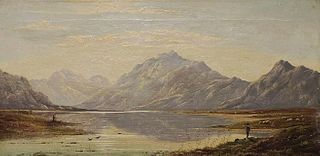 CHARLES LESLIE ANTIQUE SCOTTISH SIGNED OIL PAINTING FIGURES IN PANORAMIC LOCH LANDSCAPE