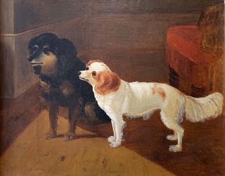 TWO DOGS IN INTERIOR OIL PAINTING