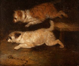 TERRIERS RATTING IN BARN OIL PAINTING
