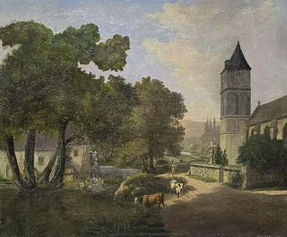 CATTLE BEING DRIVEN THROUGH OLD VILLAGE STREET OIL PAINTING