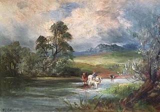 HORSE CROSSING THE RIVER OIL PAINTING