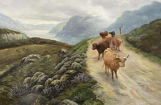 CATTLE WALKING THE MOUNTAIN PATH OIL PAINTING