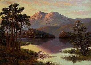HIGHLAND LOCH SCENE AT SUNSET OIL PAINTING