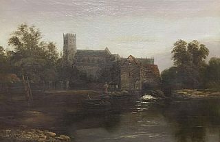 FIGURES ON RIVER BY OLD WATERMILL CHURCH OIL PAINTING