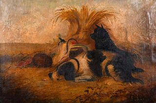 DOGS RESTING BY PICNIC HAMPER OIL PAINTING