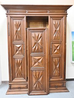 Large Three Drawer Cabinet, having carved doors over three drawers, as is, middle door missing support, currently not attached, height 98 inches, widt