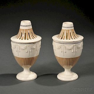 Pair of Staffordshire Creamware Potpourri Urns and Covers