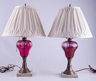 Cranberry Glass Lamps, Pair