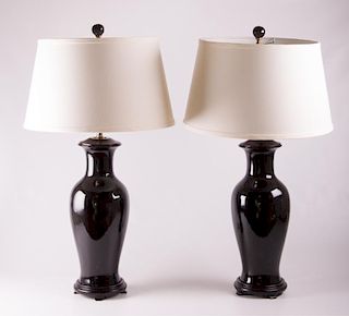Black Glazed Ceramic Lamps, Pair