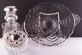Silver Overlay Glass Items, Three (3)