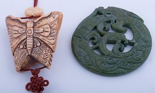Green Jade Pendant and Carved Bone Inro