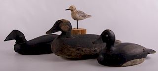 Duck Decoys and a Sandpiper Figure, Four (4)
