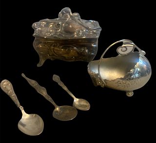 ART NOUVEAU Jewelry Box & Basket & Spoons 