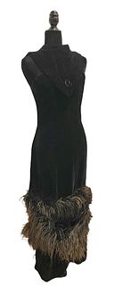 1930's Velvet & Feather Evening Dress 