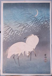 Ohara Shoson Japanese Woodblock Print of Herons