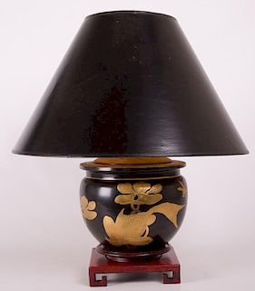 Black & Gilded Urn Lamp on Wooden Stand