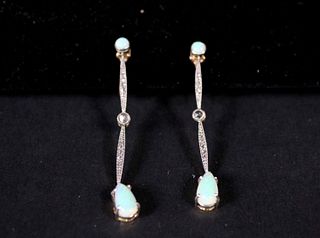 Pair Gold Opal Diamond Drop Pendant Earrings