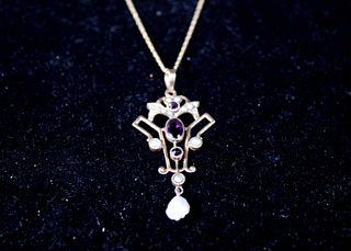 Yellow Gold Amethyst Seed Pearl Lavalier Pendant 