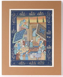 Gouache and Gilt Painted Silk Islamic Scene