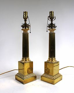 Pair of Neoclassical Gilt Bronze Columnar Lamps