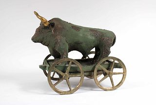 Cast Bronze Oxen and Cart Sculpture