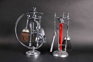 Two Silvered Metal Table Fireplace Tools & Holder
