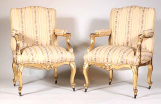 Pair of Louis XV Style Giltwood Open Armchairs