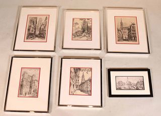 Group of Black and White Cityscape Etchings