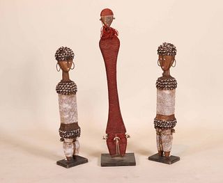 Pair of Bead and Shell Decorated Wood Figures