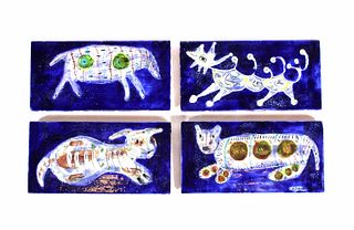 Four Italian Capacci Blue Animal Tiles
