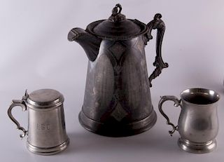Waters & Thorp Water Pitcher & Pewter Mugs, Three