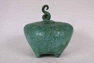 Modern Green Glazed Art Pottery Jar with Lid