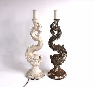Two Cast Iron Paint Decorated Dolphin Lamps