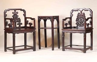 Two Chinese Hardwood Armchairs and a Table