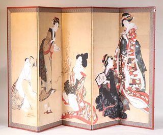 Large Japanese Five-Fold Painted Screen