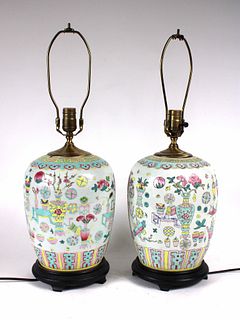 Pair of Chinese Famille Rose Ginger Jar Lamps