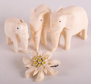 Bone Sculpted Elephants and Edelweiss Brooch, Four