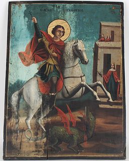 19th C. Greek Icon, St. George Slaying the Dragon