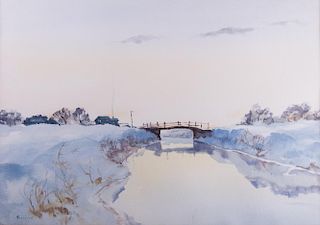 Landscape w/ Bridge Watercolor, Signed