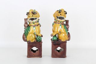 Pair of Antique Chinese Polychrome Foo Dogs