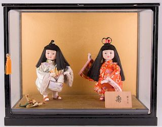 Japanese Dolls in Display Case, Pair