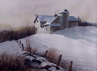 Jane Carlson Snowy Landscape & Barn Watercolor
