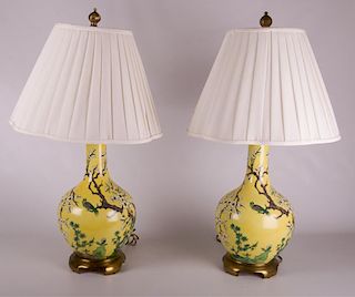 Yellow Porcelain Cherry Blossom Lamps, Pair