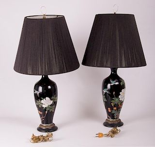 Black Cloisonne Lamps, Pair