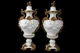 A PAIR OF VERY LARGE 19TH CENTURY SÃˆVRES STYLE BISCUIT  PORCELAIN VASE AND COVERS