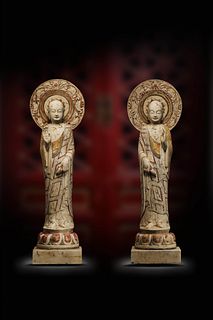A Group of Two Carved HanBai Jade Buddhist Disciple Statues