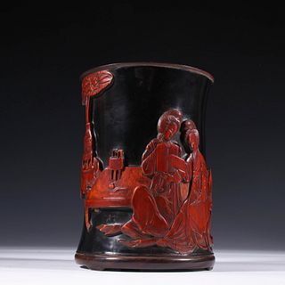 A Lacquered Carved Bamboo Brushpot